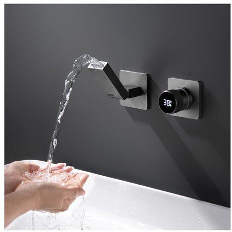Robinet De Salle De Bain Avec Affichage Numérique LED, Robinet Lavabo Mural Pliable À 180° Mitigeur De Lavabo Robinets Cascade De Baignoire Avec L’Eau Froide & Chaude, Gris Pistolet