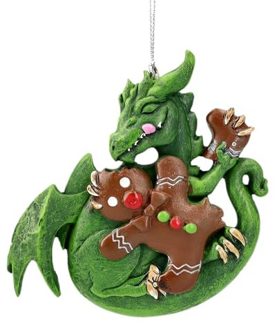 Ruth Thompson Weihnachtsschmuck: Schelmischer Drache mit Lebkuchen, 10cm – Grüner Drache, Handbemalt, Figur, Christbaum-Anhänger