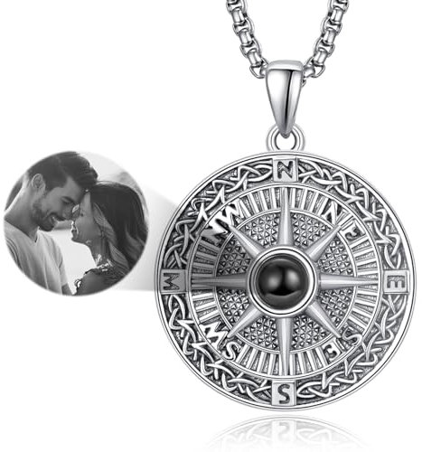KINGWHYTE Kompass Halskette 925 Sterling Silber I Love You Halskette 100 Sprachen Projektion Kette Forever Love Anhänger Retro Keltischer Schmuck Geschenke für Männer Frauen