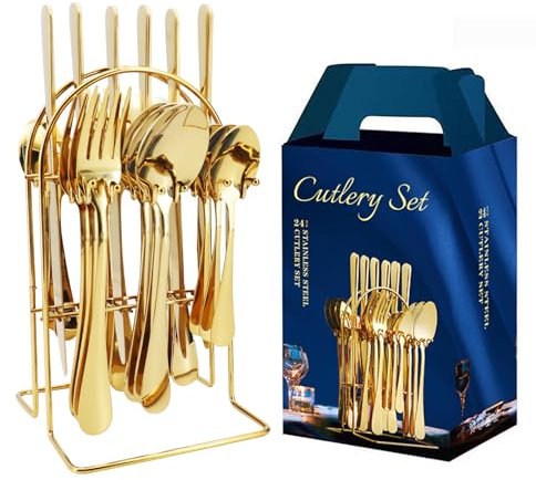 Seahelms Besteck Set 6 Personen 24 Teilig Gold Besteckset Edelstahl Essbesteck Spiegelpoliert mit Messer Gabel Löffel Teelöffel,Spülmaschinenfest