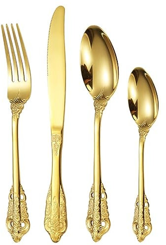cuchara de café Juego de cubiertos de acero inoxidable de 4 piezas, cuchillo y tenedor for carne, vajilla occidental, cuchara de postre, cuchara de café, cuchara de té (Color : Gold, Size : One Size