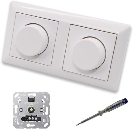 EBROM SET IDEE: JUNG 1730DD (2 Stück) LED Drehdimmer Dimmer + Dimmerscheiben A1740WW in alpinweiß glänzend im 2-fach Rahmen inkl. EBROM Phasenprüfer zur Montage der Geräte u.A. 1730 DD