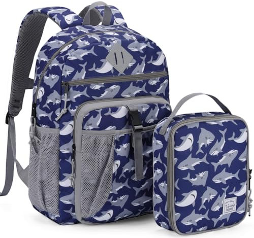 VASCHY Kinderrucksack, Große Wasserdicht Rucksack Mädchen Junge für Vorschule Grundschule Büchertasche mit Lunchtasche Grau Hai