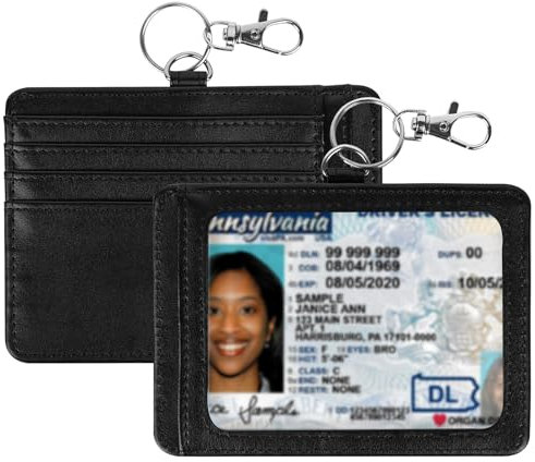 Linkidea Confezione da 2 porta badge con nome, portafoglio minimalista con protezione per biglietti da visita 10 x 7 cm, portachiavi e passante per cordino, porta carte di credito in pelle vegana, con