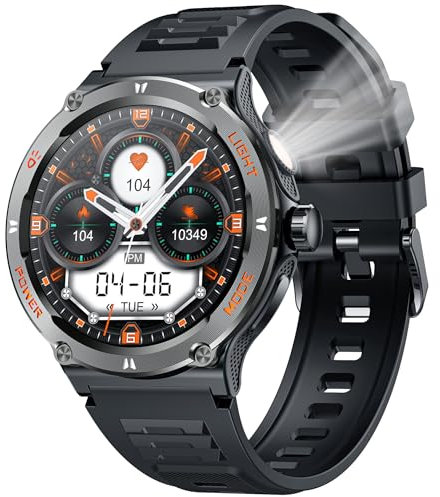 Montre Connectée Homme Sport Watch: Smartwatch Militaire avec Appels Bluetooth 1.53 Écran Ronde Montre Fitness homme avec Lampe de Poche LED Compas étanche 3ATM Smart Watch pour Android Phone iphone