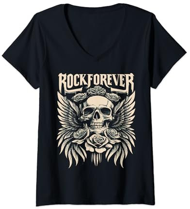 Womens Classic Tattoo Style Skull Wings Roses ROCKFOREVER BAND V-Neck T-Shirt