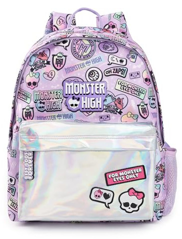 Monster High Mochila Niña | Mochila rosa y plateada con correas ajustables | Bolsillo reflectante e insignia impresa en toda la prenda Equipaje práctico y organizado Mochila escolar deportiva
