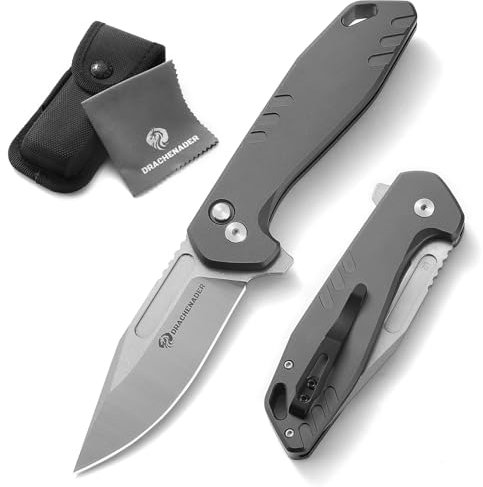 DRACHENADER B-FENG Klappmesser Einhandmesser mit Buttonlock, D2 Stahl Jagdmesser, Taschenmesser für Outdoor, Aluminium-Griff, Taschen-Clip, Nylon-Tasche