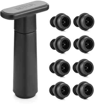 WOTOR Wine Saver Vacuum Pump with 8 Stoppers, Wine Stopper & Preserver, Reusable Bottle Sealer Keeps Fresh, Ideal Accessories Gift (Flat Handle)
