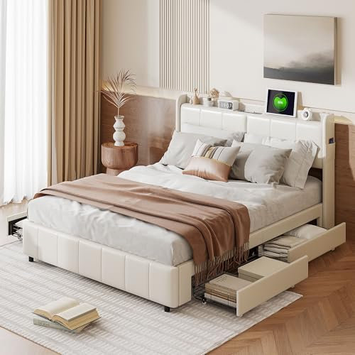 BHFFTHK Cama doble tapizada de 140 x 200, espacio de almacenamiento con 4 cajones, cabecero LED con USB, respaldo con espacio de almacenamiento y somier de madera, piel sintética, color blanco