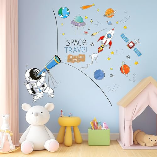 BEBOAN Wandtattoo Kinderzimmer Junge Weltraum Astronaut Wandaufkleber Jungen Wandsticker für Babyzimmer Kinderzimmer Kleinkinderzimmer Schlafzimmer Wohnzimmer - Einfach zu kleben