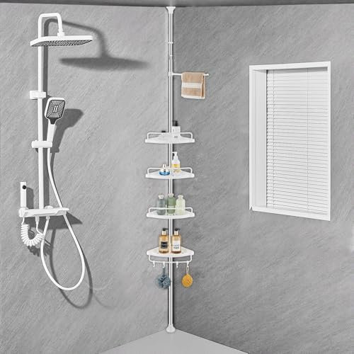 Generico Cestello doccia telescopico con 4 vassoi, 4 ganci e 1 asta porta asciugamani regolabile per l'organizzazione del bagno, Antiruggine, adatto per soffitti da 70 a 330 cm di altezza, bianco
