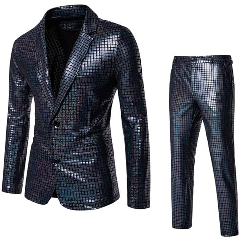 Anzug Herren 2 Teilig Disco Sets Glitzer Jacke und Hose Metallic Glänzende Pailletten Anzüge für Discokugel Party Karneval Kustüm Hochzeit 70er 80er Jahre Outfit Mottoparty Elegant Herrenanzüge