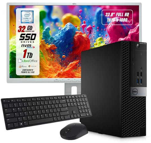 Postazione Completa, Pc Desktop Dell Intel i5-7500 4 Core, Ram 32Gb SSD 1000Gb, Monitor 24 FHD, Win 10 e Libre Office, Compreso di Mouse e Tastiera (Ricondizionato)