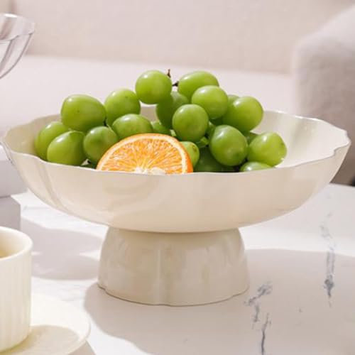 Frutero de Sobremesa con Borde Plateado, Frutero Grande y Repostería, Elegante Plato de Fruta para Decoración y para Guardar Frutas y Aperitivos (De Color Crema)