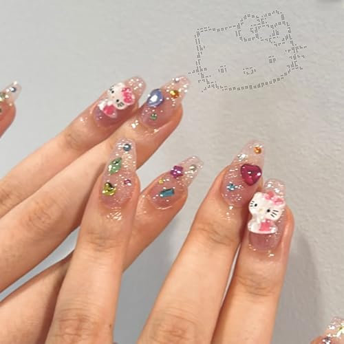 French Tip False Nails - Long Gothic With Glue - Black And Silver Ballet Fake Nails With Star Rhinestone Cross Kitty Design - Removable Full Cover Women Nail Art Glitter Pink (Gem&Hello Kitty)
