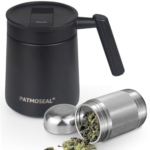 PATMOSEAL Vacuum Stainless Steel Cup Insulated Mug Leak-Proof with Tea Infuser for Loose Leaf, Fruit, Coffee, Milk, Soup, 500ml/16oz (Black)