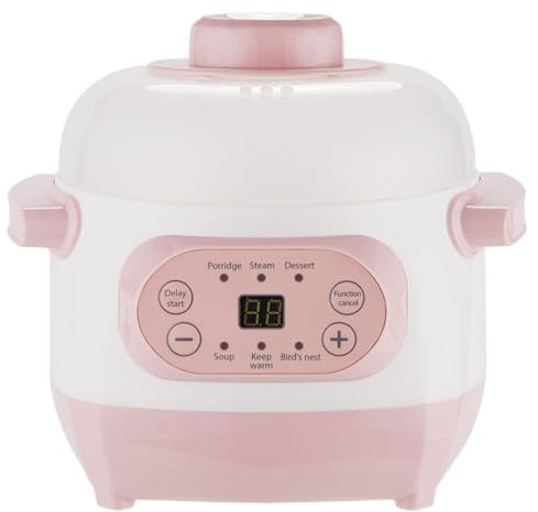 MGHRUEWH Olla De Cocción Lenta Eléctrica De Cerámica De 1 L, 220 V, 200 W, Pequeña Olla Versátil con 6 Modos De Cocción, Temporizador De Reserva Y Mantenimiento del Calor. Vaporera para Gachas,Rosado