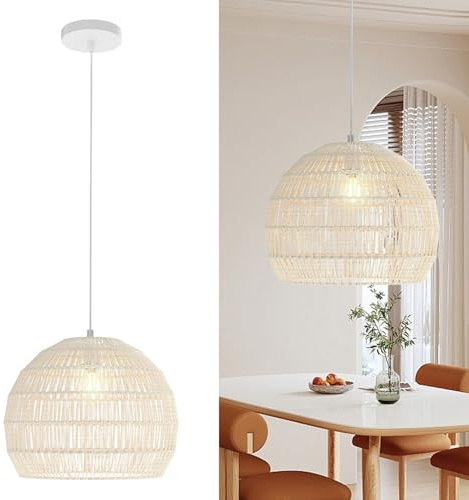 COSTWAY geflochtene Pendelleuchte, Boho Deckenleuchte mit verstellbarer Aufhänghöhe, Bauernhaus Hängelampe mit E27-Basis (Lichtquelle nicht enthalten) für Küche, Schlafzimmer, 43 x 34 cm (beige)