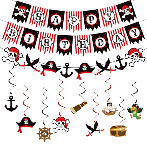 CXNXFD Piraten Geburtstag Deko Set,Piraten Deko Kindergeburtstag Luftschlangen Pirat Kapitän Hut Schädel Papagei Pirate Banner Happy Birthday für Geburtstag Piraten Nautische Karibik