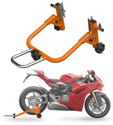 EZIMOTO Sport Motorcycle Rear Stand,Paddock Stand, 360° Movable Lift Stand, Heavy Duty with Wheels, 880 lb Capacity (Orange, Double Arm)