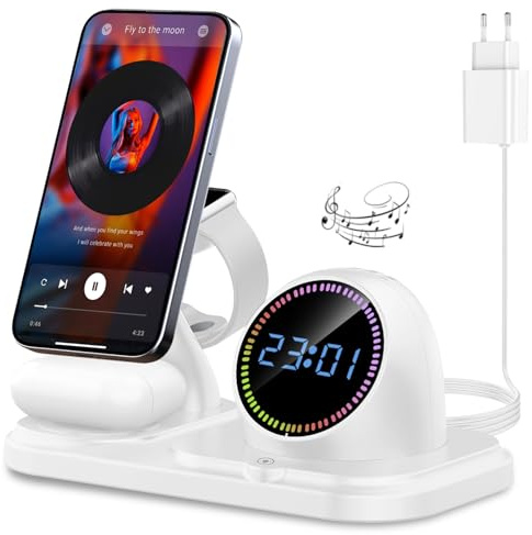 6 in 1 Wireless Charging Station,Fast iphone Charger Stand with Bluetooth,Clock,RGB LED,Wireless Charger for Multiple Devices iphone 17 16 15 14 13 12/Pro Max Plus Apple Watch AirPods Pro4//3/2-White