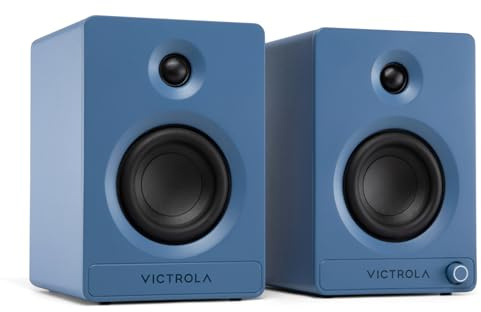 Victrola Tempo – Enceintes bibliothèque Bluetooth stéréo – Son immersif avec Diffusion Multi-Enceintes Via Auracast, entrées Platine/RCA, Sortie pour Caisson de Basses (Paire, Bleu)