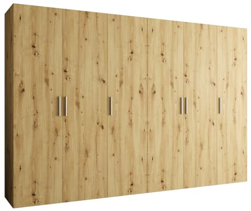 MEBLE KRYSPOL - Kleiderschrank - Garderobenschrank - 300 cm x 202 x 52 cm - Schrank mit Kleiderstange, 6 Türen - für Schlafzimmer, Flur - BARI, Artisan-Eiche, Griff Silber