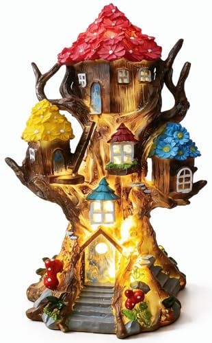 BLBYHO Solar-Feenhaus, 30 cm hoch, Feengarten-Haus für draußen, großes Feengarten, Baumhaus, Zubehör, Outdoor, Zwerghaus, Gartenstatue, Feenbaumhaus, für Haus, Hof, Balkondekoration