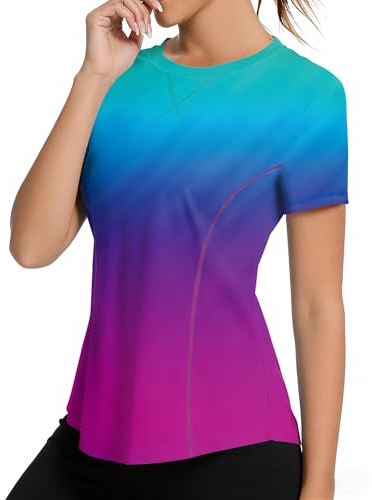 iWoo Womens Workout Tops Short Sleeve Athletic UPF50+ UV Shirts Wicking Running Gym Shirts (Gradient Rainbow,M)