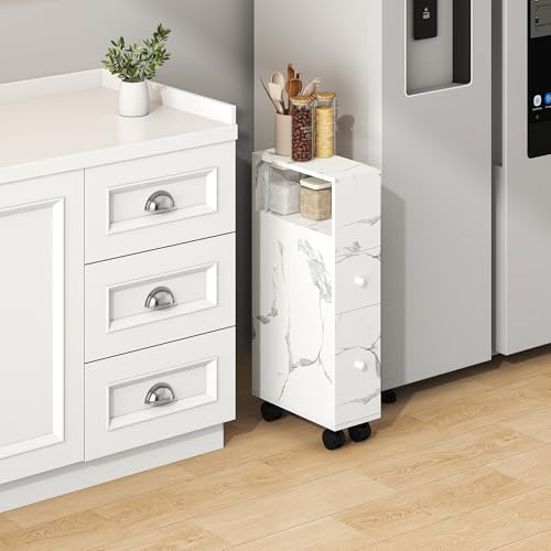 [en.casa] Nischenschrank auf Rollen Broreynna Badezimmerschrank schmal 66 x 15 x 33 cm Rollwagen Nischenregal 2 Schubladen 1 offenes Fach Nischenwagen Marmoroptik, weiß