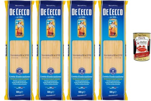 Italian Gourmet Bundle 4x Vermicelli n°170 500g + Italian Gourmet Polpa, 2kg italienische Pasta aus Hartweizengrieß, lange Nudeln für Tomatensauce, Bronzetrafilierte Pasta, Vorratspack