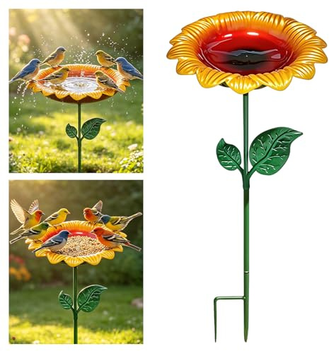 Vasca per Uccelli da Esterno in Metallo, 64CM Girasole Bagno per Uccelli Staccabile, Bagnetto e Abbeveratoio da Giardino, Mangiatoia per Uccelli Selvatici, per Esterni, Terrazza, Giardino, Cortile