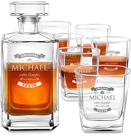Maverton Whiskey Karaffe + 6er Whiskygläser Set mit Gravur - 700ml Whisky Dekanter - Weihnachtsgeschenke - Geschenk zum Geburtstag für Männer - echter Genießer