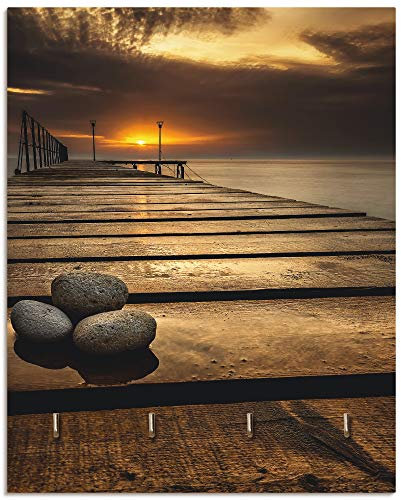 ARTLAND Schlüsselbrett Schlüssel Schmuck Organizer Hakenleiste Deko Wandhalterung Holz mit 4 Haken 20x25 cm Strand Meer Maritim S7HW