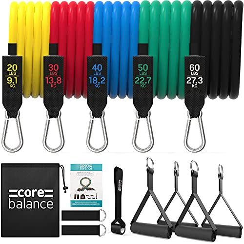Core Balance Resistance Tubes Set Of 5 With 4 Handles, 2 Ankle Straps, Door Anchor and Bag (200lb)