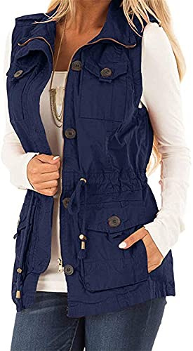 Koodred Damen Casual Military Utility Weste Leichte Ärmellose Kordelzug Jacken mit Taschen, navy, Large