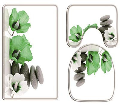 A.Monamour Badezimmer Badematte 3 Teilig Set Orchidee Weiße Lilie Haufen Von Kieselsteinen Zen Stein Flanell WC Toilette Deckel Deckt Bad Matte Teppich Badteppiche Badvorleger Badgarnitur Vorleger