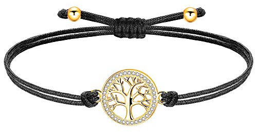 ZENI Bracelet Arbre de Vie Or pour Fille, Zircon Cubique pour Ado, Cordon Fait Main Noir Réglable, Bijoux Yoga Femme, Cadeau Enfants Anniversaire