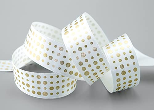 3 m x 25 mm SATINBAND WEISS mit GOLD Punkten Schleifenband Geschenkband Dekoband Glanz Dots gepunktet Geburtstag Geschenkverpakung Dekorieren Band Deko Weihnachten glänzend Satin