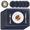 APLKER Placemats and Coasters Set of 6, PU Leather Heat Resistant Washable Non-Slip Waterproof Table Mats for Kitchen Dining Table Home Décor 16 x 12 inches (Navy Blue)