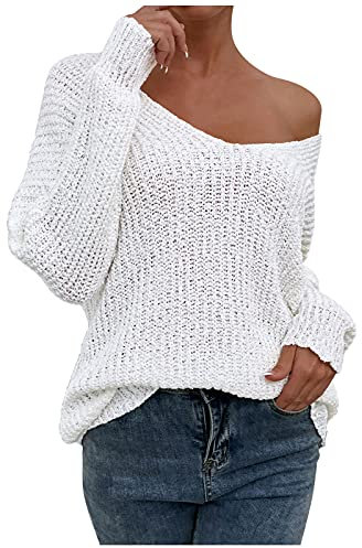 VEMOW Sexy V Neck Sweaters for Women Off Shoulder Jumper Long Sleeve Lightweight Knit Top Casual Loose Fit Fall Pullover Sweater White