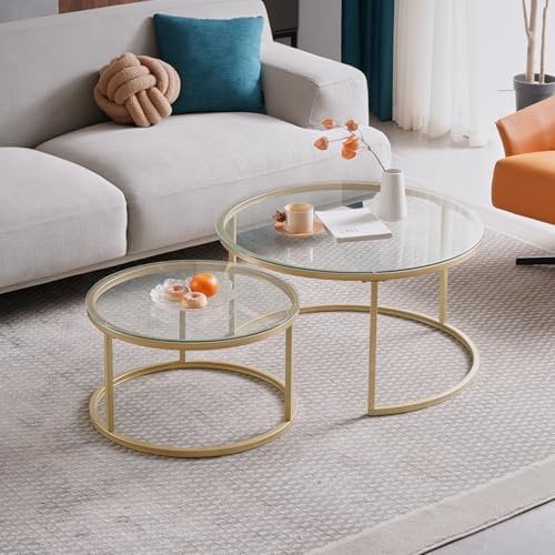 BenyLed Juego de 2 Mesa Nido Salon, Mesa Nido Pequeña para Salón o Comedor Oficina, Tapa de Mesa de Vidrio Templado, Grande: 80 * 80 * 45cm, Pequeña: 60 * 60 * 35cm, Oro