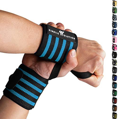 KINETIC EVOLUTION Sport Handgelenkbandagen [1 Paar] Wrist Wraps. Ideal für Bodybuilding, Fitness, Gewichtheben, CrossFit, Powerlifting, Training (Hellblau Streifen)