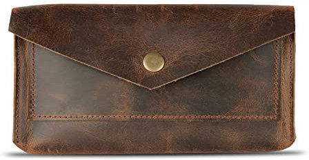 The Antiq Geldtasche aus Leder für Damen, wiederverwendbar, Retro-Stil, Clutch, Vintage, Geldumschlag, Reisegeldbörse, Organizer, handgefertigt, lang, Braun, Braun, 8x4inches, Druckknopfverschluss
