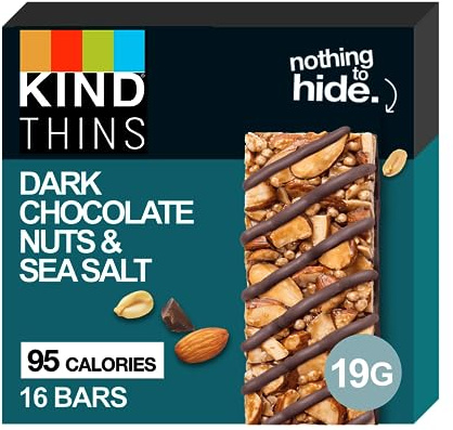 KIND Thins, Gluten Free Snack Bars,Dark Chocolate Nuts and Sea Salt High Fibre, Healthy Snack, 95 calories, No Artificial Colours, Flavours or Preservatives, Multipack 16 x 19g