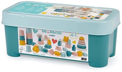 Ecoiffier- Cofre de Juegos 4 en 1, Incluye Pirámide, Cuentas Encajables, Vasos Apilables, Bloques, Colores Pastel, Motricidad Fina, Para Niños Niñas a Partir de los 12 Meses (7600007915)