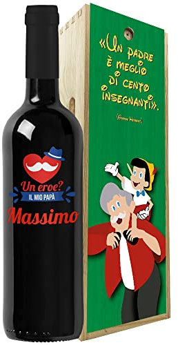 Regalo festa del papà - Bottiglia vino personalizzata e cassa legno - Idea regalo uomo, festa del Nonno, compleanno papà (Pinocchio, Eroe)