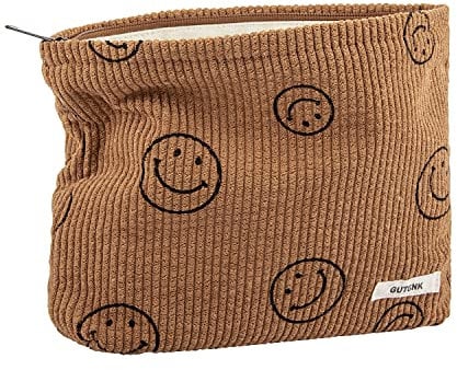Make-up-Tasche für Damen, Cord-Kosmetiktasche, ästhetisches Design, Damen-Tragetasche, Federmäppchen für Mädchen, niedliches Smiley-Gesicht, Make-up-Organizer mit Reißverschluss, Braun, Doppellagige