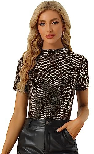 Allegra K Damen Pailletten Oberteil Kurzarm Pullunder Stehkragen Glitzer Oberteile Gold XS